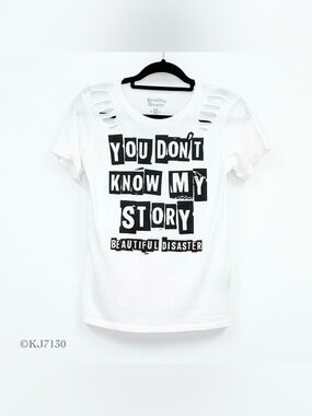 Beautiful Disaster You Don’t Know My Story White Slashed Shoulder Graphic Tee